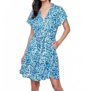 NEW CHARLIE B linen blend short sleeve button-front dress in reef